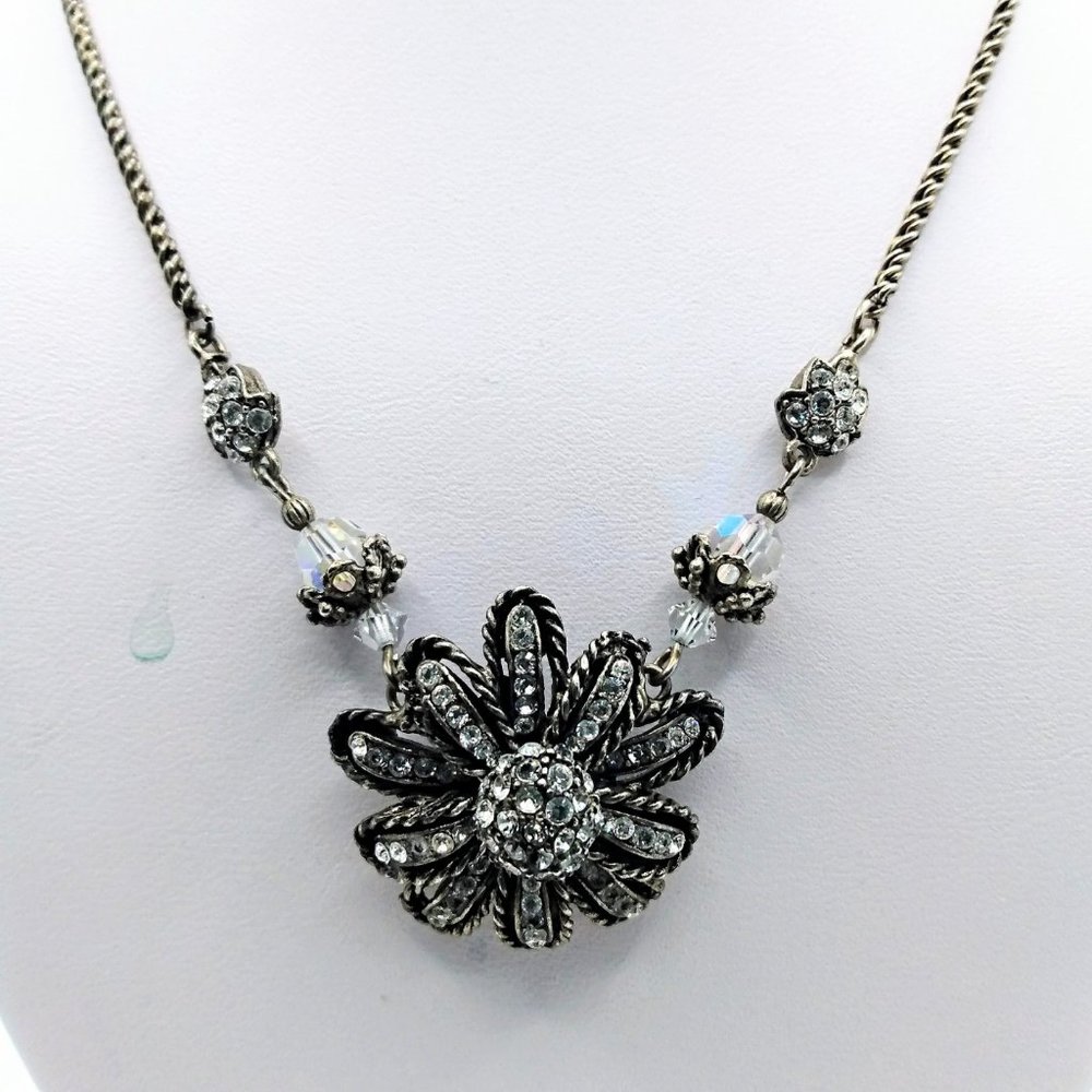 Vintage FLOWER Necklace BLACK DIAMOND Swarovski Crystal/ 16"-17" adjustable